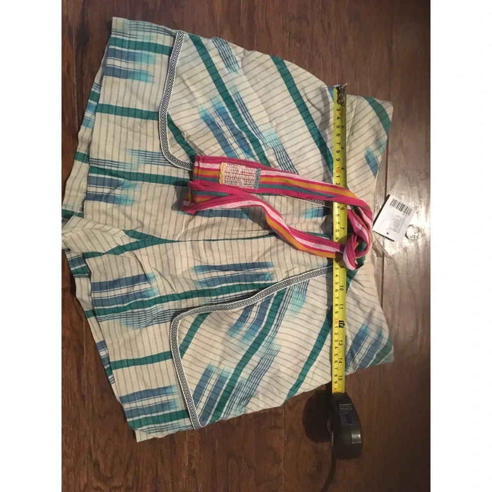 Urban Outfitters Ikat Plaid High Waisted Shorts Teal Blue Striped Belt Womens 10